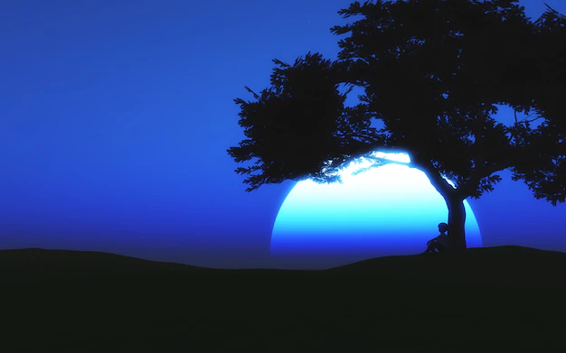 3d Moonlit Landscape With Child Sitting Tree 1048 9162