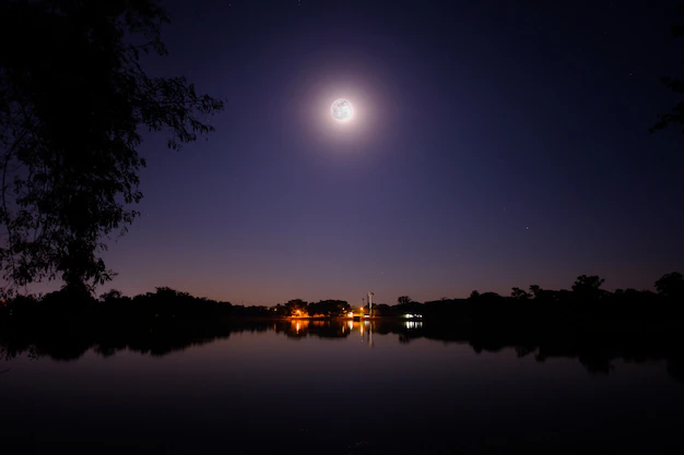 Full Moon Shine Bright Night Big Lake Small Village 29092 19