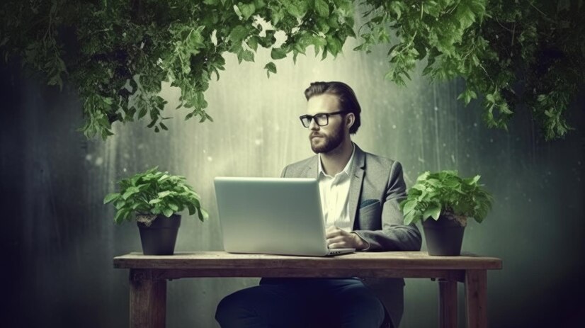 Man Sits Table With Laptop Plants Around Him 915071 8306