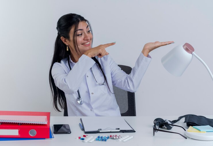 Smiling Young Female Doctor Wearing Medical Robe Stethoscope Sitting Desk With Medical Tools Pointing With Hands Side Looking Hand Isolated 141793 69006